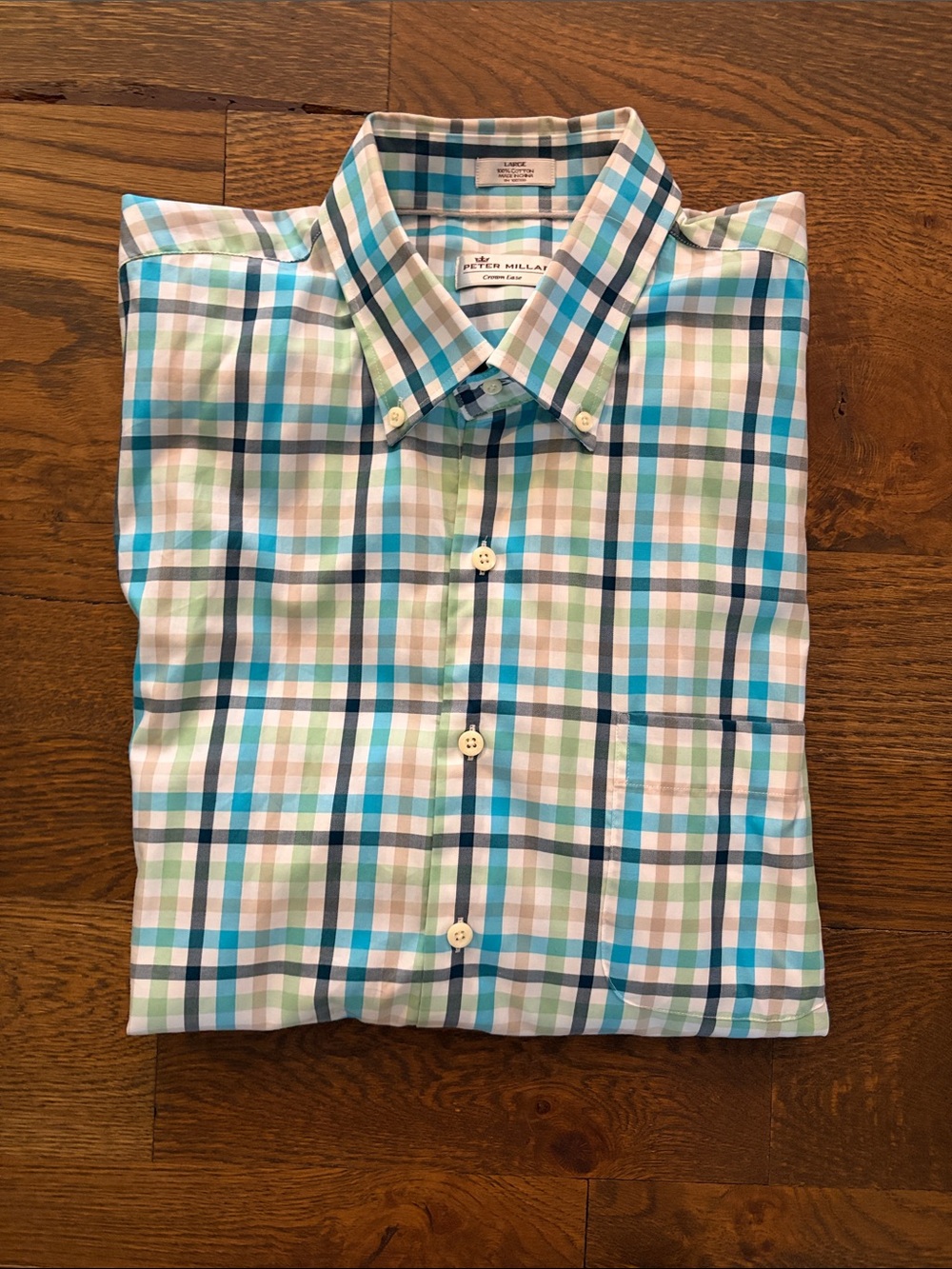 Peter Millar Light Blue, Green & White Plaid Button-Down Shirt